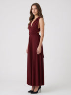 Burgundy Stretch Knit A-Line V-Neck Criss-Cross Straps Ankle Bridesmaid Dress with Pleats - Curvevia