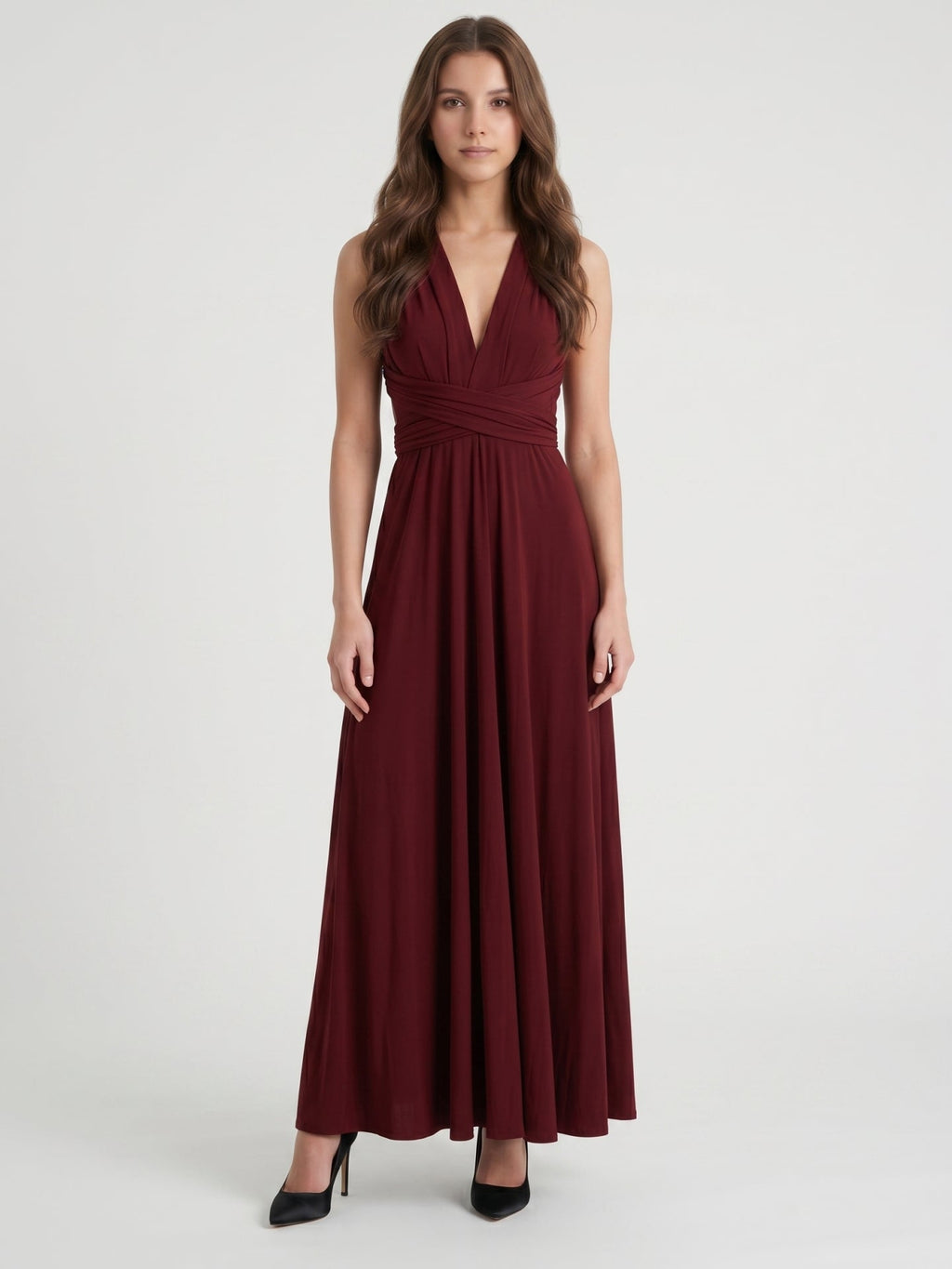 Burgundy Stretch Knit A-Line V-Neck Criss-Cross Straps Ankle Bridesmaid Dress with Pleats - Curvevia