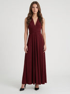 Burgundy Stretch Knit A-Line V-Neck Criss-Cross Straps Ankle Bridesmaid Dress with Pleats - Curvevia