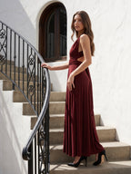 Burgundy Stretch Knit A-Line V-Neck Criss-Cross Straps Ankle Bridesmaid Dress with Pleats - Curvevia