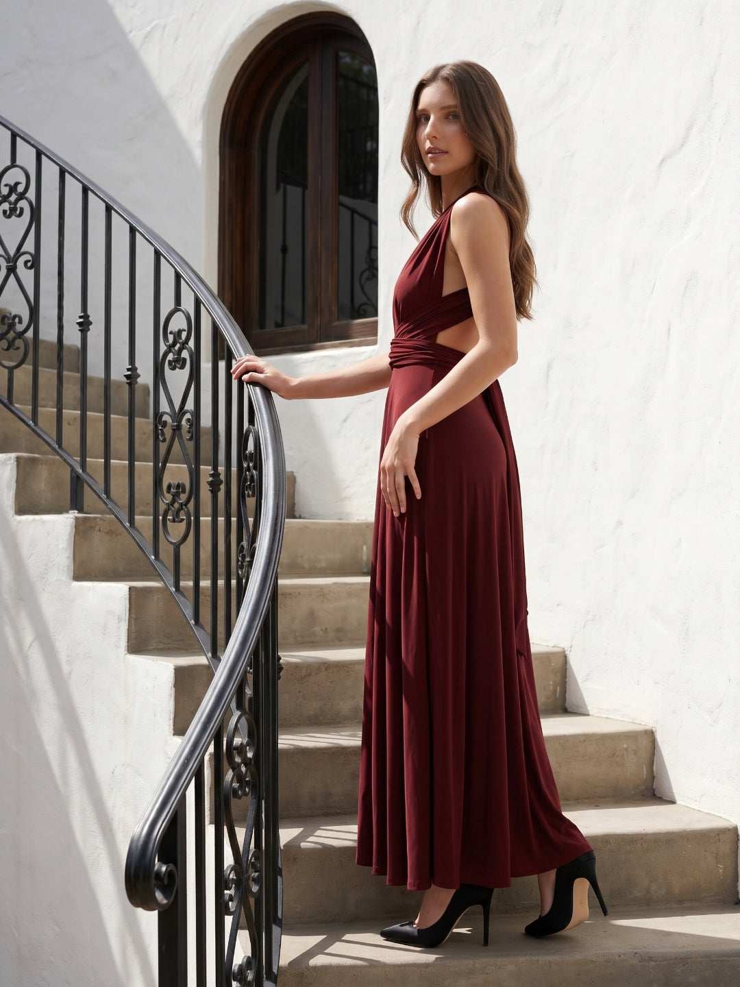 Burgundy Stretch Knit A-Line V-Neck Criss-Cross Straps Ankle Bridesmaid Dress with Pleats - Curvevia