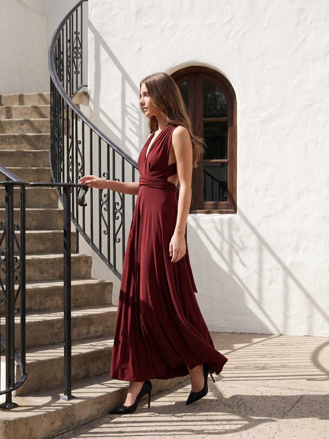 Burgundy Stretch Knit A-Line V-Neck Criss-Cross Straps Ankle Bridesmaid Dress with Pleats - Curvevia