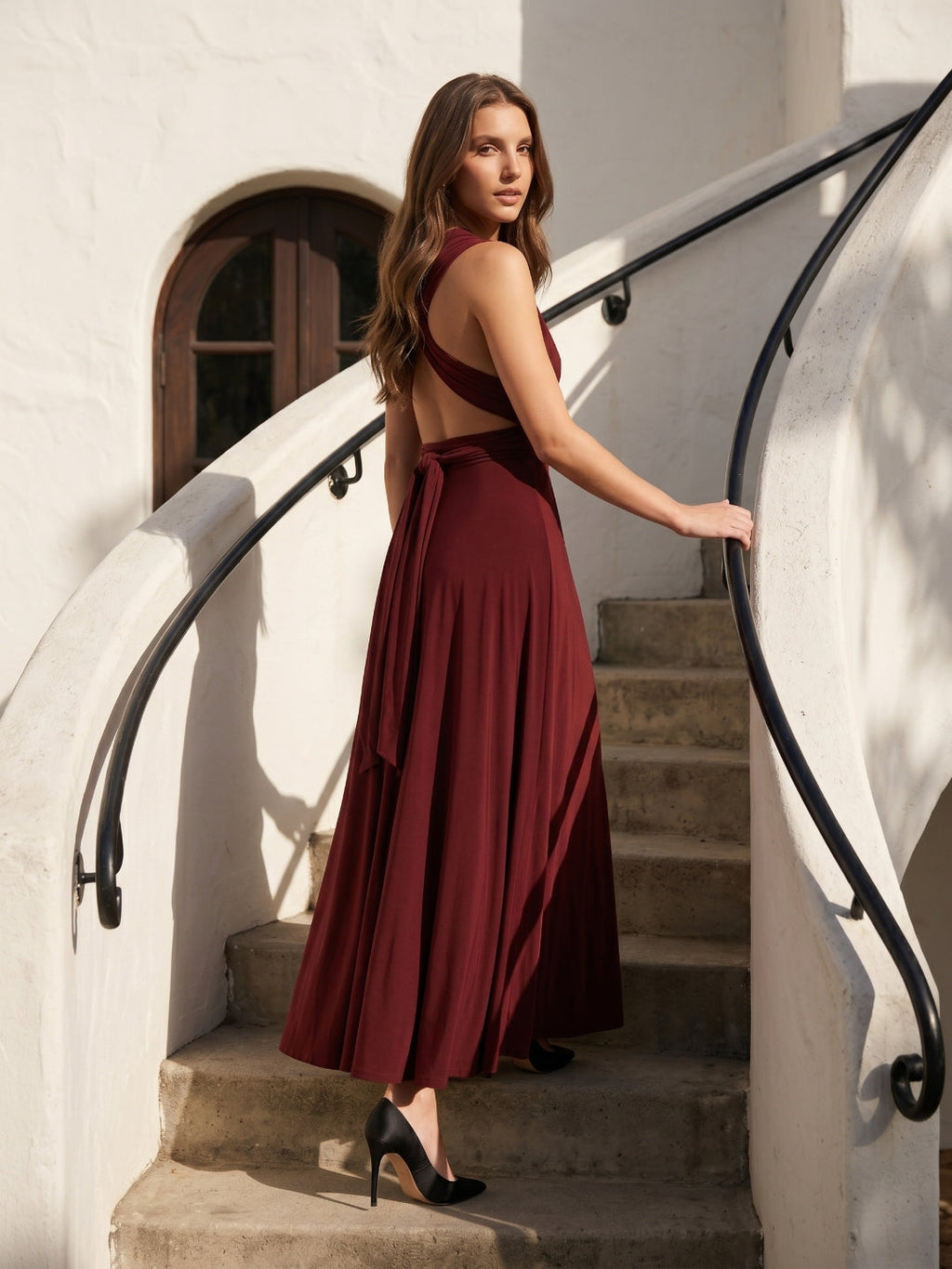 Burgundy Stretch Knit A-Line V-Neck Criss-Cross Straps Ankle Bridesmaid Dress with Pleats - Curvevia