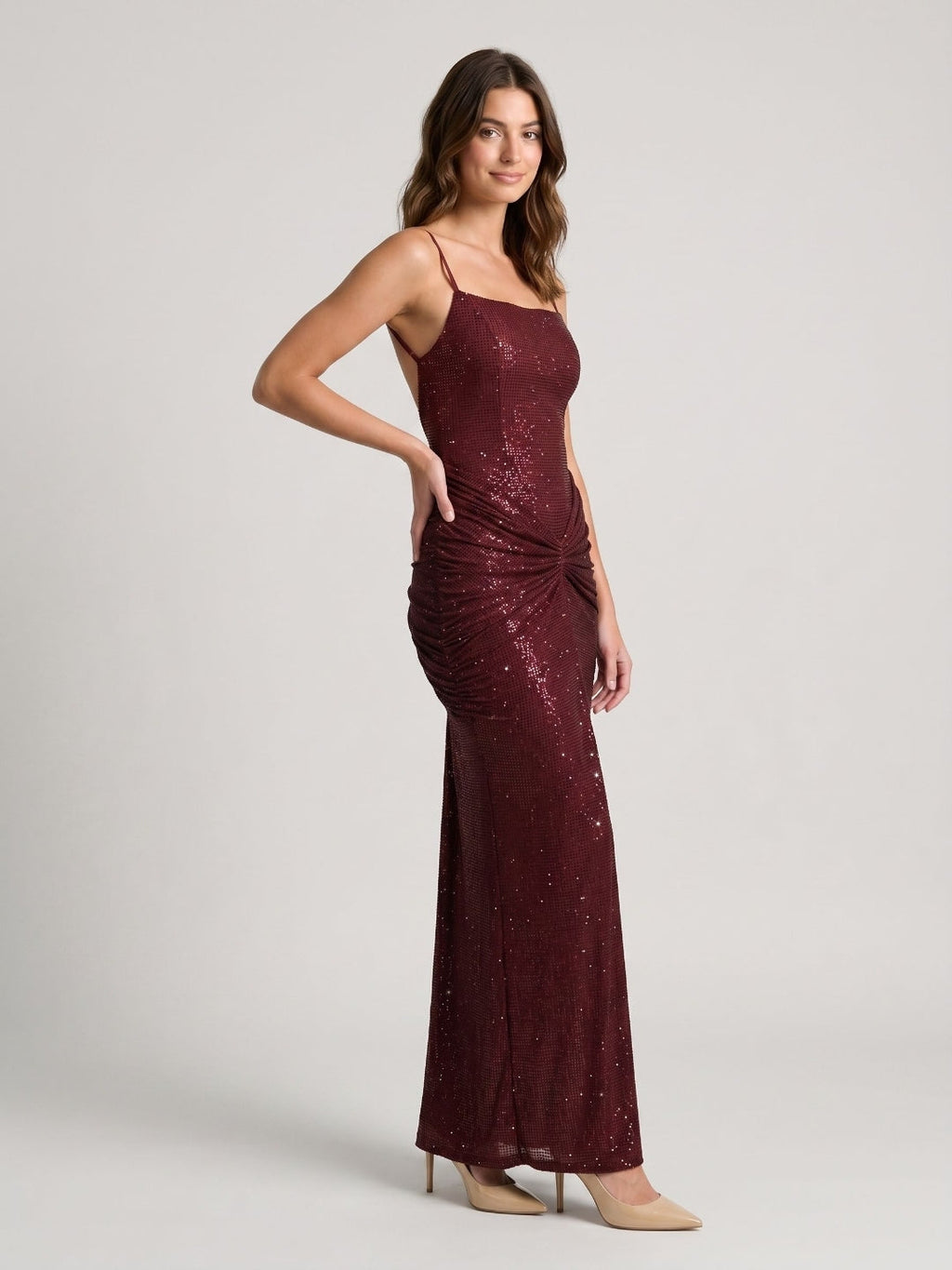 Burgundy Stretch Knit Sheath Backless Floor-Length Dress - Curvevia