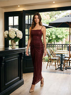 Burgundy Stretch Knit Sheath Backless Floor-Length Dress - Curvevia
