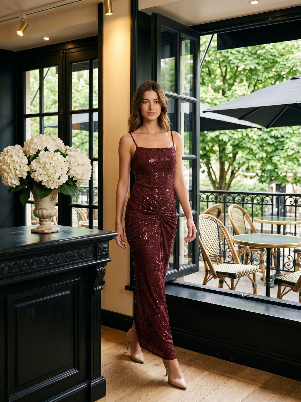 Burgundy Stretch Knit Sheath Backless Floor-Length Dress - Curvevia