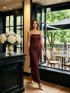 Burgundy Stretch Knit Sheath Backless Floor-Length Dress - Curvevia