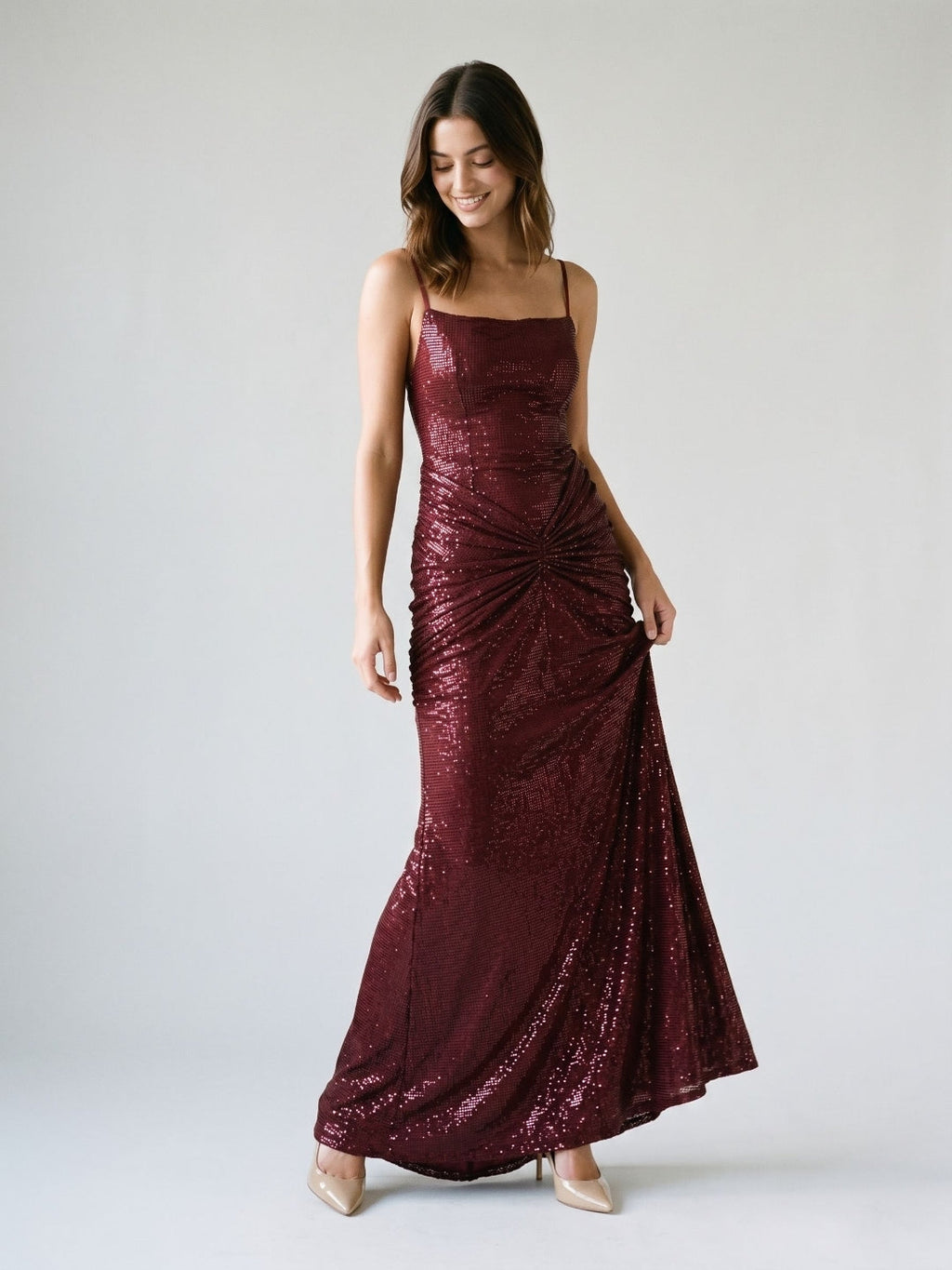 Burgundy Stretch Knit Sheath Backless Floor-Length Dress - Curvevia