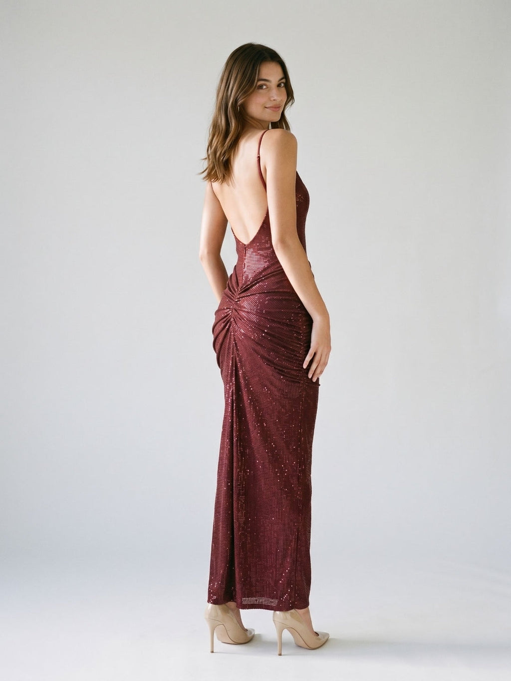 Burgundy Stretch Knit Sheath Backless Floor-Length Dress - Curvevia