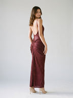 Burgundy Stretch Knit Sheath Backless Floor-Length Dress - Curvevia