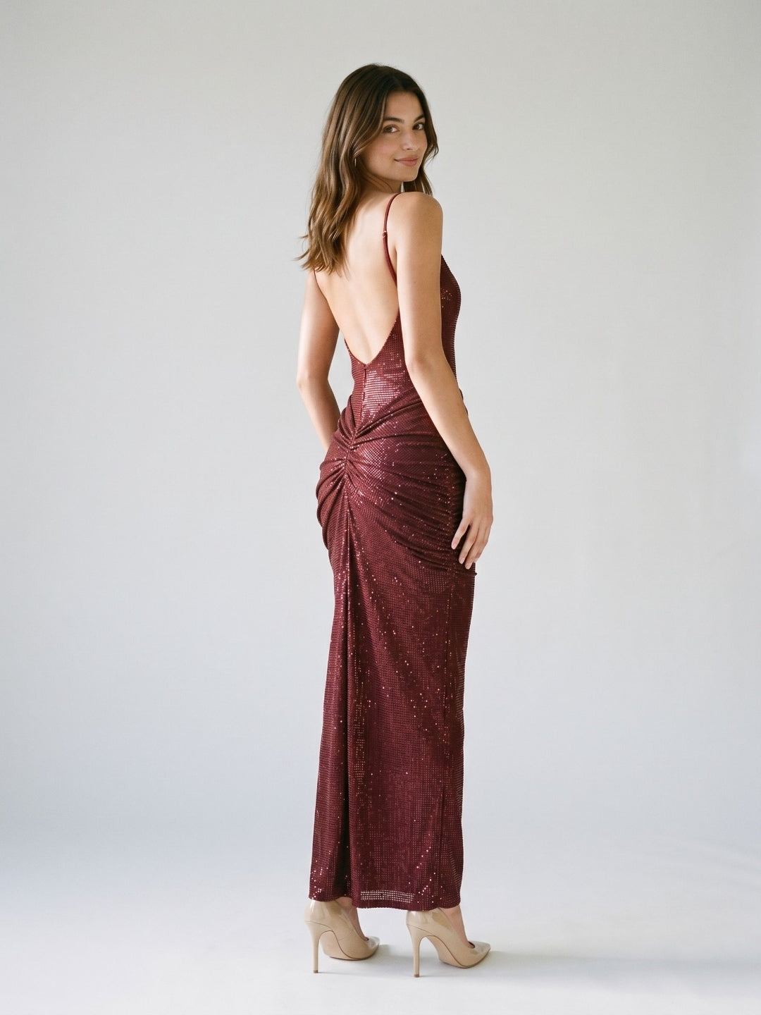 Burgundy Stretch Knit Sheath Backless Floor-Length Dress - Curvevia