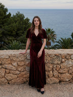 Burgundy Velvet Sheath V-Neck V-Back Floor-Length Bridesmaid Dress with Ruffles - Curvevia