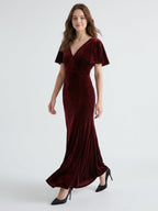 Burgundy Velvet Sheath V-Neck V-Back Floor-Length Bridesmaid Dress with Ruffles - Curvevia