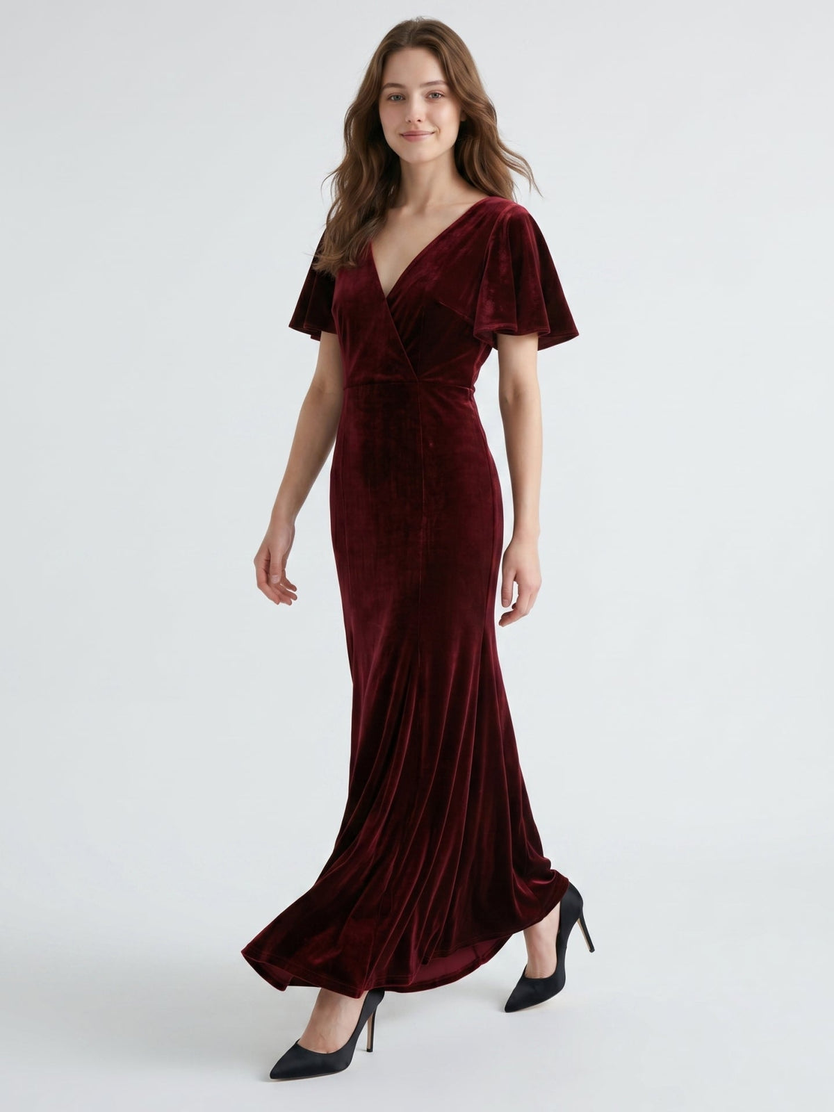 Burgundy Velvet Sheath V-Neck V-Back Floor-Length Bridesmaid Dress with Ruffles - Curvevia