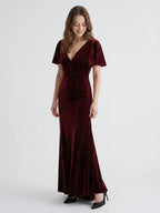Burgundy Velvet Sheath V-Neck V-Back Floor-Length Bridesmaid Dress with Ruffles - Curvevia