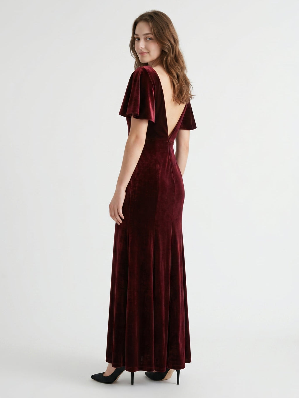 Burgundy Velvet Sheath V-Neck V-Back Floor-Length Bridesmaid Dress with Ruffles - Curvevia