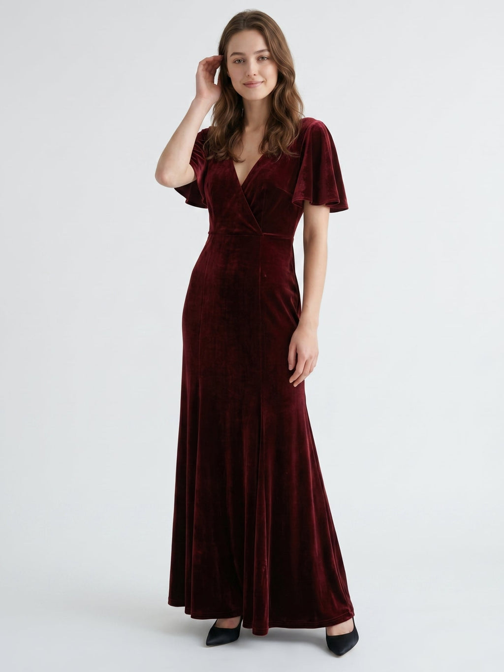 Burgundy Velvet Sheath V-Neck V-Back Floor-Length Bridesmaid Dress with Ruffles - Curvevia