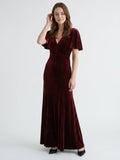 Burgundy Velvet Sheath V-Neck V-Back Floor-Length Bridesmaid Dress with Ruffles - Curvevia