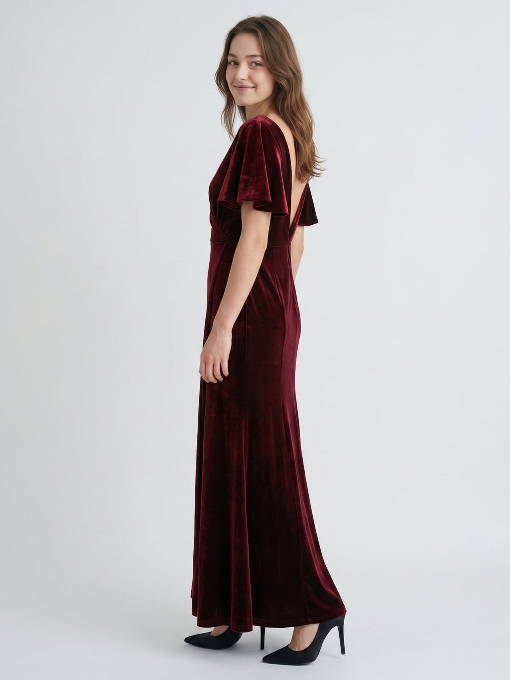 Burgundy Velvet Sheath V-Neck V-Back Floor-Length Bridesmaid Dress with Ruffles - Curvevia