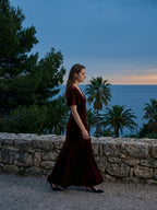 Burgundy Velvet Sheath V-Neck V-Back Floor-Length Bridesmaid Dress with Ruffles - Curvevia