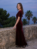 Burgundy Velvet Sheath V-Neck V-Back Floor-Length Bridesmaid Dress with Ruffles - Curvevia