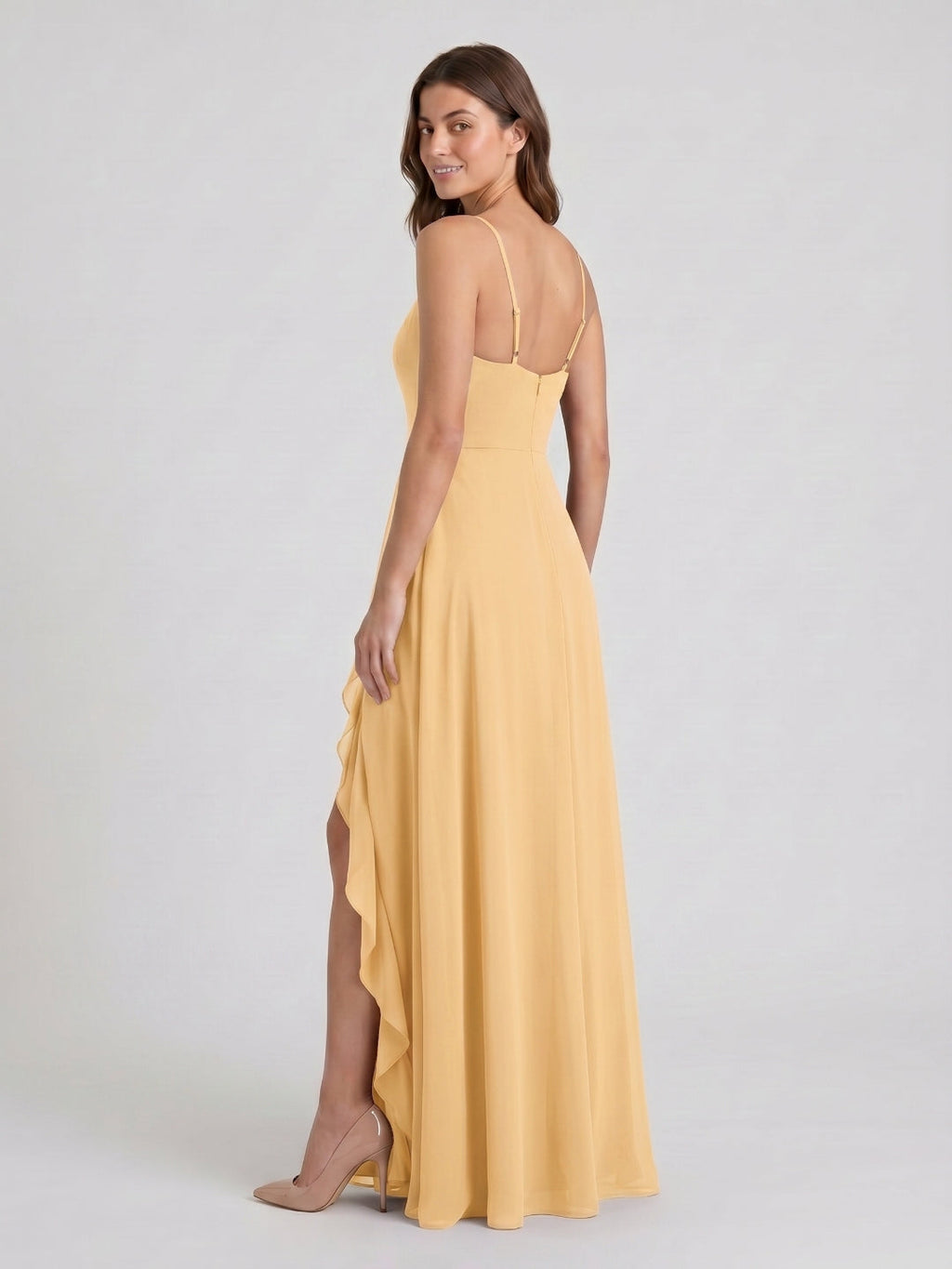 Butter Chiffon A-Line V-Neck Back Zip Floor-Length Bridesmaid Dress with Ruffles - Curvevia