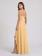 Butter Chiffon A-Line V-Neck Back Zip Floor-Length Bridesmaid Dress with Ruffles - Curvevia