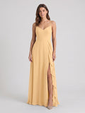 Butter Chiffon A-Line V-Neck Back Zip Floor-Length Bridesmaid Dress with Ruffles - Curvevia