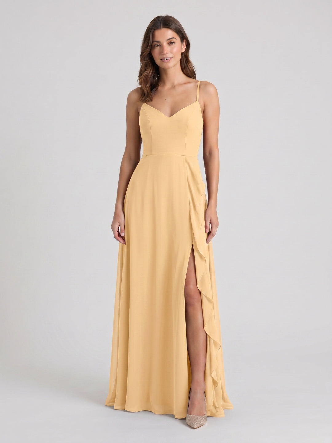 Butter Chiffon A-Line V-Neck Back Zip Floor-Length Bridesmaid Dress with Ruffles - Curvevia