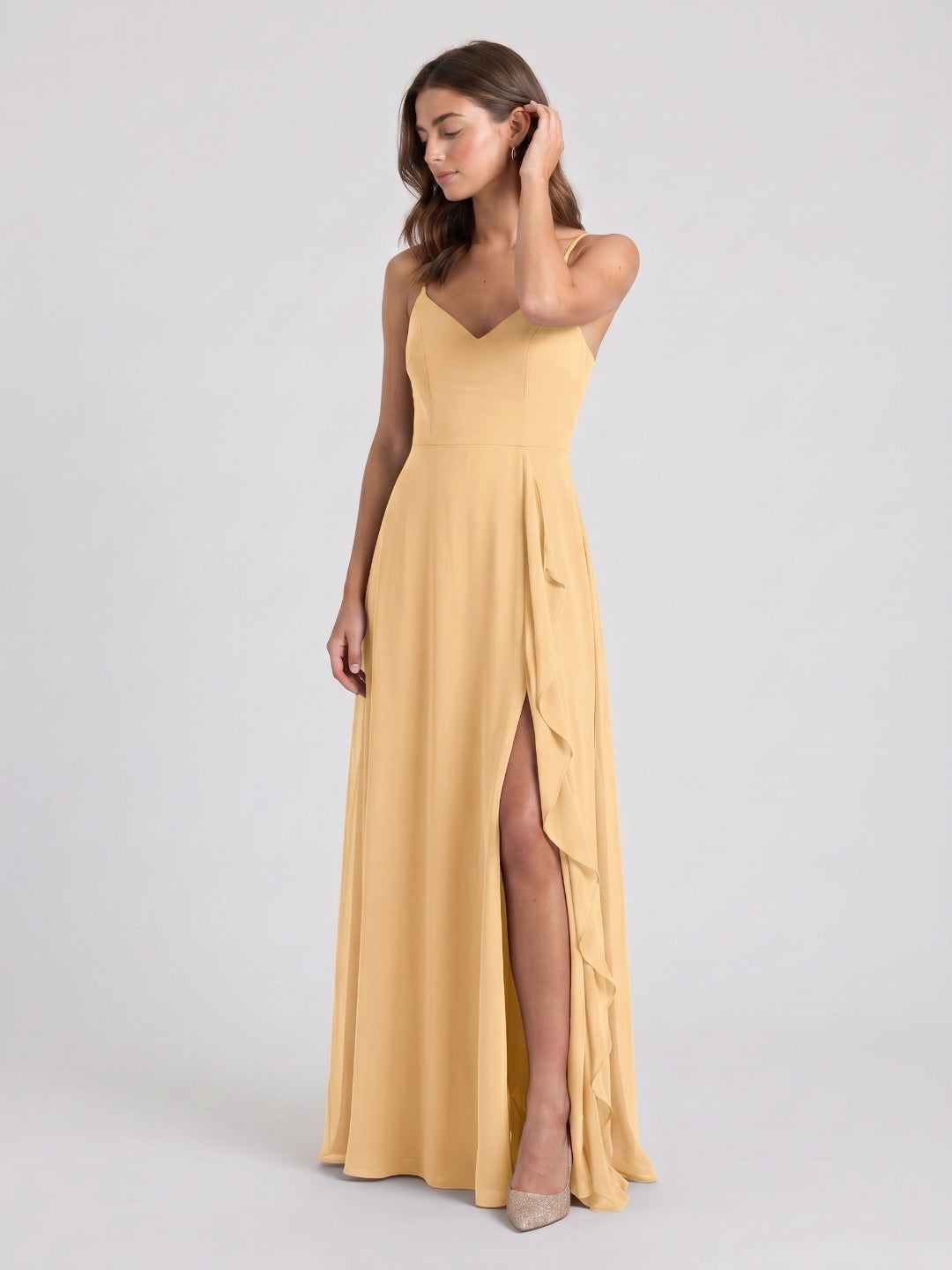 Butter Chiffon A-Line V-Neck Back Zip Floor-Length Bridesmaid Dress with Ruffles - Curvevia