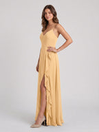 Butter Chiffon A-Line V-Neck Back Zip Floor-Length Bridesmaid Dress with Ruffles - Curvevia