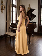 Butter Chiffon A-Line V-Neck Back Zip Floor-Length Bridesmaid Dress with Ruffles - Curvevia