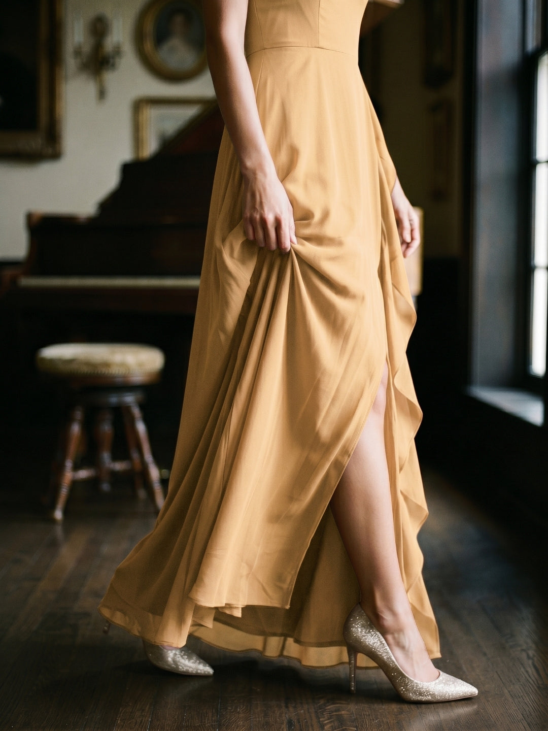 Butter Chiffon A-Line V-Neck Back Zip Floor-Length Bridesmaid Dress with Ruffles - Curvevia