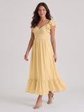 Butter Chiffon A-Line V-Neck V-Back Ankle-Length Bridesmaid Dress with Ruffles - Curvevia