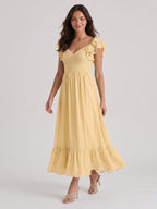 Butter Chiffon A-Line V-Neck V-Back Ankle-Length Bridesmaid Dress with Ruffles - Curvevia