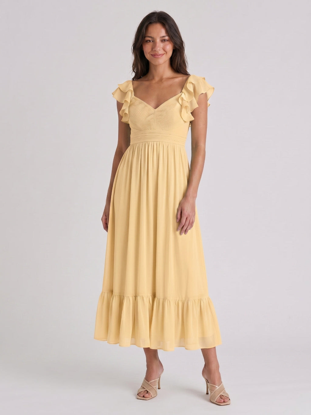 Butter Chiffon A-Line V-Neck V-Back Ankle-Length Bridesmaid Dress with Ruffles - Curvevia