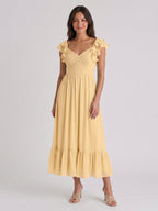 Butter Chiffon A-Line V-Neck V-Back Ankle-Length Bridesmaid Dress with Ruffles - Curvevia