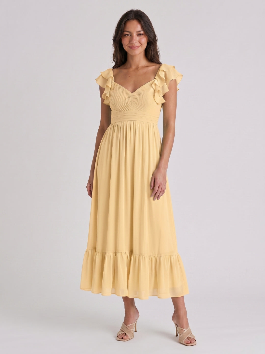 Butter Chiffon A-Line V-Neck V-Back Ankle-Length Bridesmaid Dress with Ruffles - Curvevia