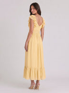 Butter Chiffon A-Line V-Neck V-Back Ankle-Length Bridesmaid Dress with Ruffles - Curvevia