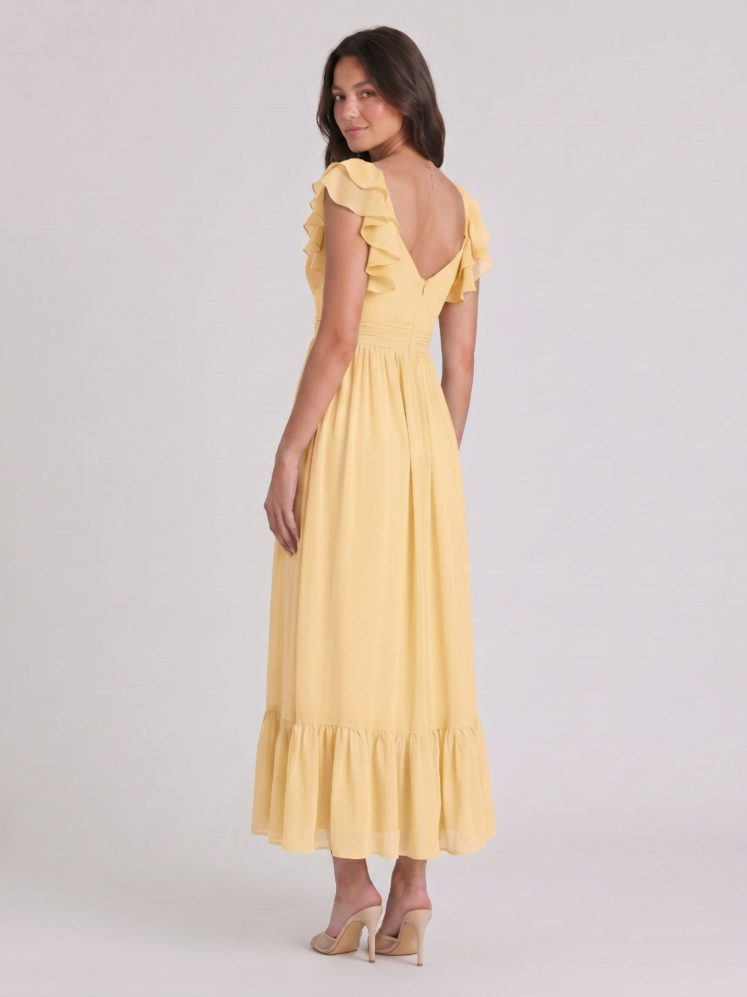 Butter Chiffon A-Line V-Neck V-Back Ankle-Length Bridesmaid Dress with Ruffles - Curvevia