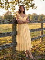 Butter Chiffon A-Line V-Neck V-Back Ankle-Length Bridesmaid Dress with Ruffles - Curvevia