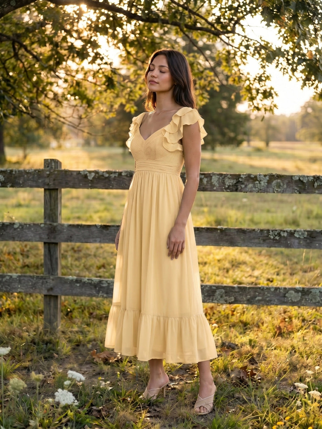 Butter Chiffon A-Line V-Neck V-Back Ankle-Length Bridesmaid Dress with Ruffles - Curvevia