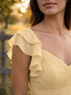 Butter Chiffon A-Line V-Neck V-Back Ankle-Length Bridesmaid Dress with Ruffles - Curvevia