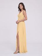 Butter Chiffon A-Line V-Neck V-Back Floor-Length Bridesmaid Dress with Pleating - Curvevia