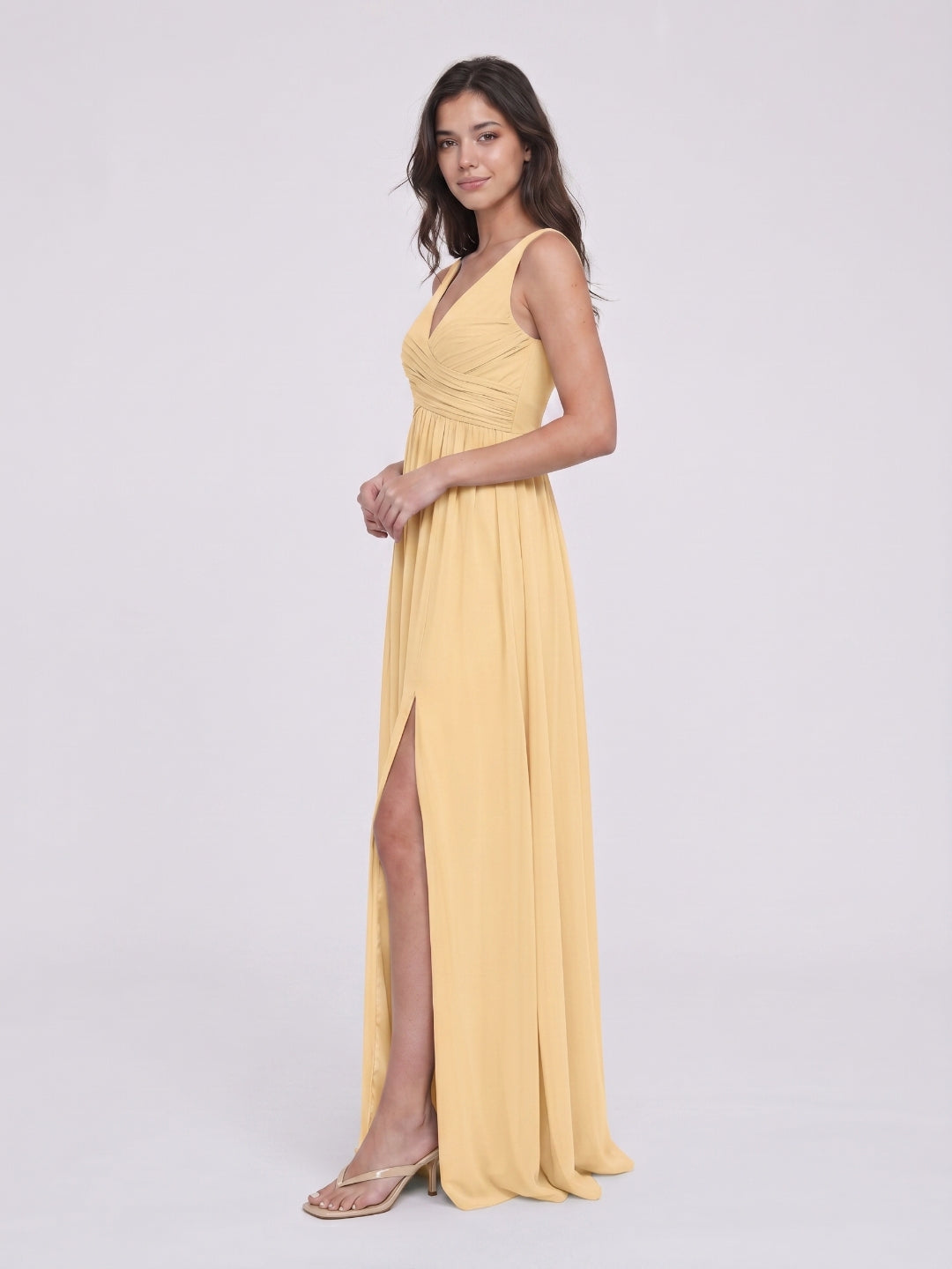 Butter Chiffon A-Line V-Neck V-Back Floor-Length Bridesmaid Dress with Pleating - Curvevia