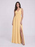 Butter Chiffon A-Line V-Neck V-Back Floor-Length Bridesmaid Dress with Pleating - Curvevia