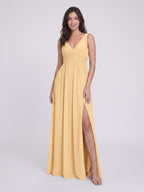 Butter Chiffon A-Line V-Neck V-Back Floor-Length Bridesmaid Dress with Pleating - Curvevia