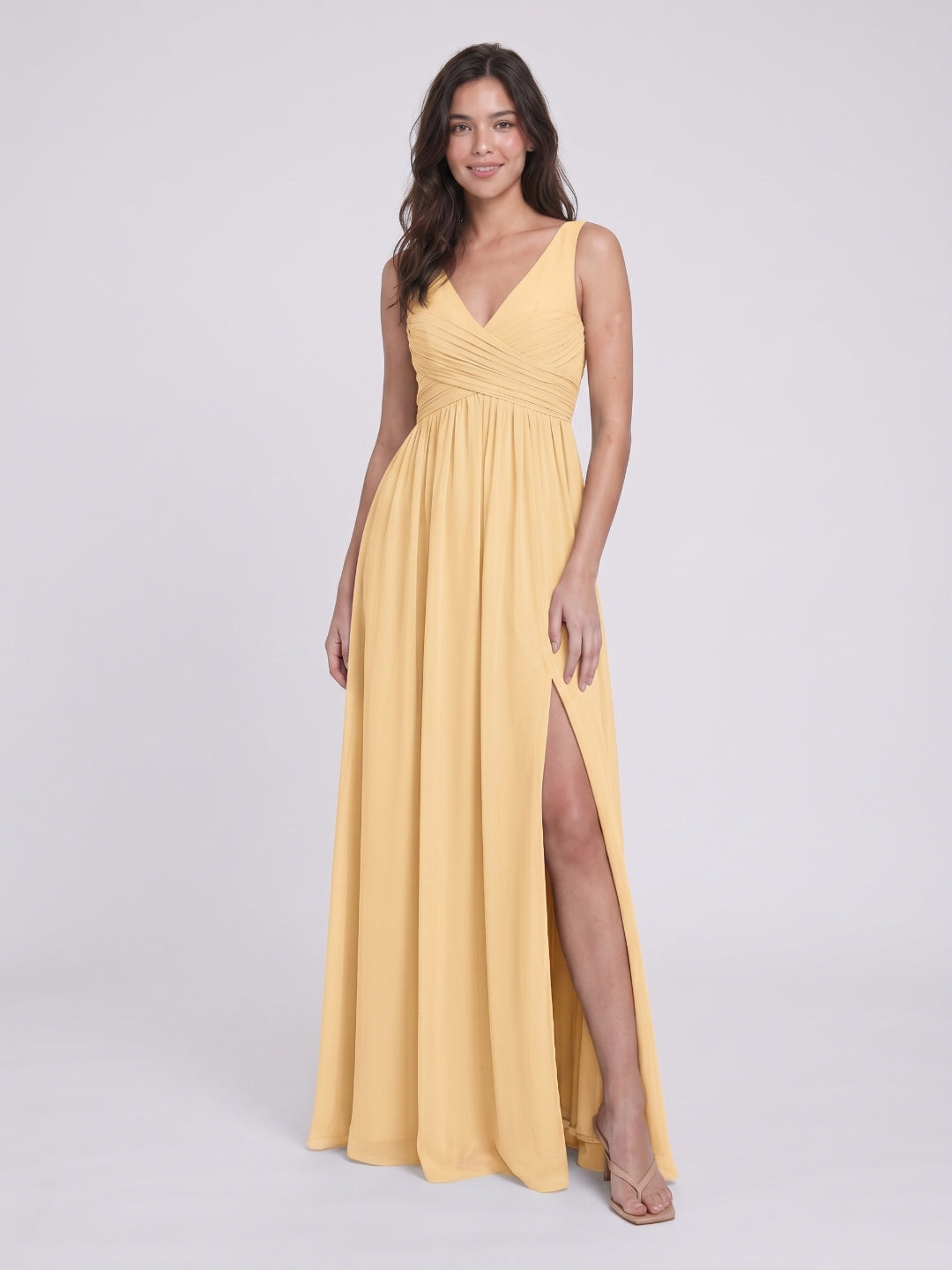 Butter Chiffon A-Line V-Neck V-Back Floor-Length Bridesmaid Dress with Pleating - Curvevia