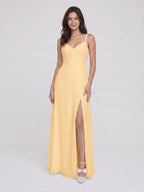 Butter Chiffon A-Line V-Neck V-Back Floor-Length Bridesmaid Dress with Pleating - Curvevia