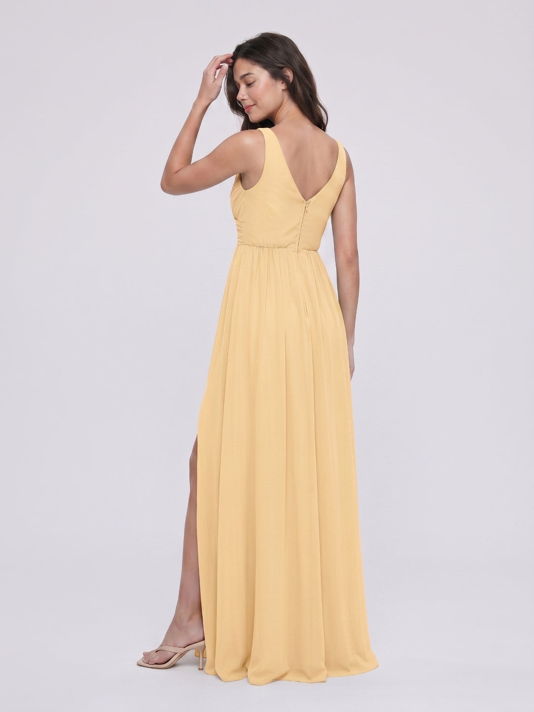 Butter Chiffon A-Line V-Neck V-Back Floor-Length Bridesmaid Dress with Pleating - Curvevia